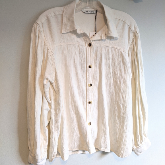 Zara Cream Color Long Linen Shirt Button Down - Picture 2 of 9